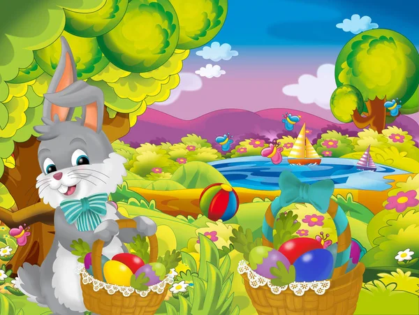 动画片愉快的复活节兔子与美丽的复活节蛋蛋在篮子在自然春天背景 例证为孩子 — 图库照片