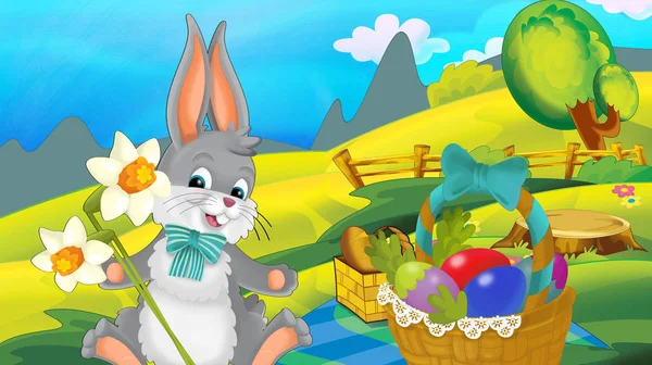 Dibujos Animados Feliz Conejo Pascua Con Hermosas Flores Naturaleza Fondo —  Fotos de Stock