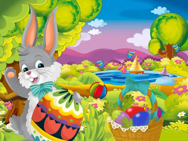 Cartoon Glücklich Osterhase Mit Schönen Osterei Auf Natur Frühling Hintergrund — Stockfoto