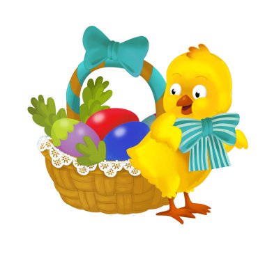 Mutlu Paskalya tavuk Paskalya sepeti dolu beyaz arka planda - illüstrasyon çocuklar için renkli yumurta ile çizgi film