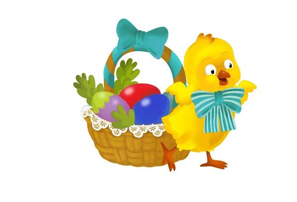 卡通快乐复活节鸡与复活节篮子充满了五颜六色的鸡蛋在白色背景 例证为孩子 — 图库照片
