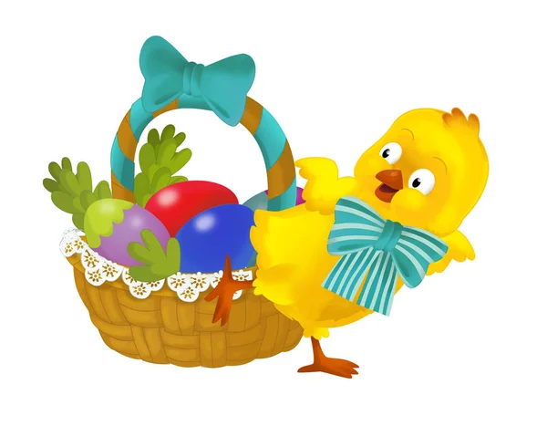 卡通快乐复活节鸡与复活节篮子充满了五颜六色的鸡蛋在白色背景 例证为孩子 — 图库照片