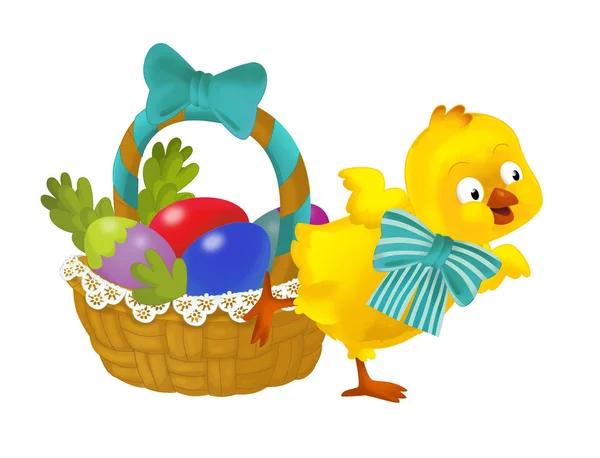 Cartoon Happy Easter Chicken Easter Basket Full Colorful Eggs White — Stock Photo, Image