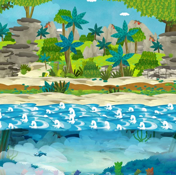 Cartoon Scene Wild Land Shore Water Sea Ocean Illustration Children — Stock Photo, Image
