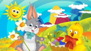 Mutlu Paskalya tavşan ve civciv doğa bahar zemin - çocuklar için resim üzerine güzel çiçekler ile çizgi film