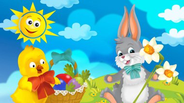 Mutlu Paskalya tavşan ve civciv doğa bahar zemin - çocuklar için resim üzerine güzel çiçekler ile çizgi film