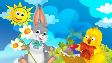 Mutlu Paskalya tavşan ve civciv doğa bahar zemin - çocuklar için resim üzerine güzel çiçekler ile çizgi film