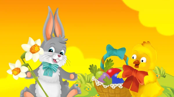 漫画の幸せなイースターのウサギと自然春の背景 子供のための図に美しい花とひよこ — ストック写真