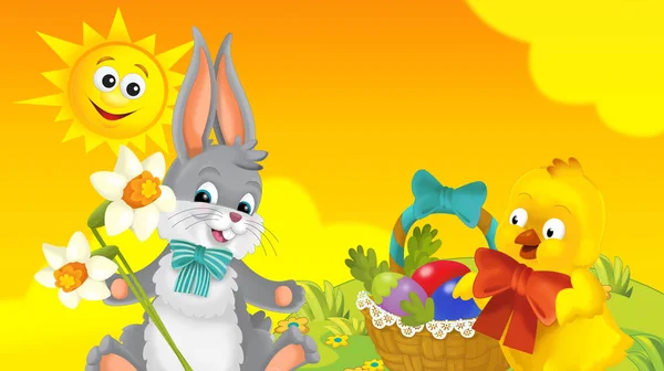 cartoon happy easter rabbit and chick with beautiful flowers on nature spring background - illustration for children