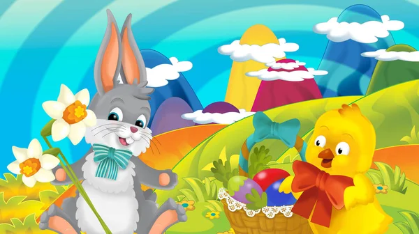 Cartoon Happy Easter Kanin Och Brud Med Vackra Blommor Naturen — Stockfoto