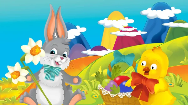 cartoon happy easter rabbit and chick with beautiful flowers on nature spring background - illustration for children