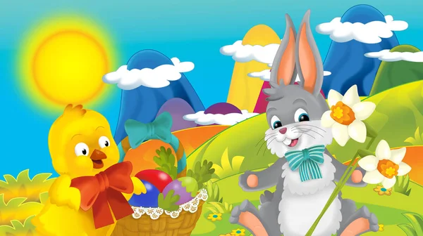 动画片愉快复活节兔子和小鸡与美丽的花在自然春天背景 例证为孩子 — 图库照片