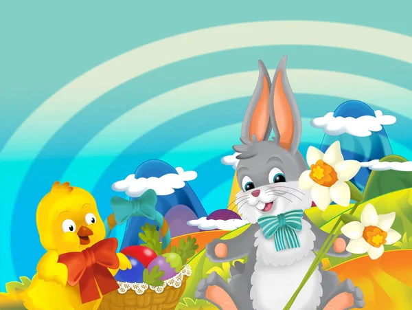 Cartoon Happy Easter Kanin Och Brud Med Vackra Blommor Naturen — Stockfoto