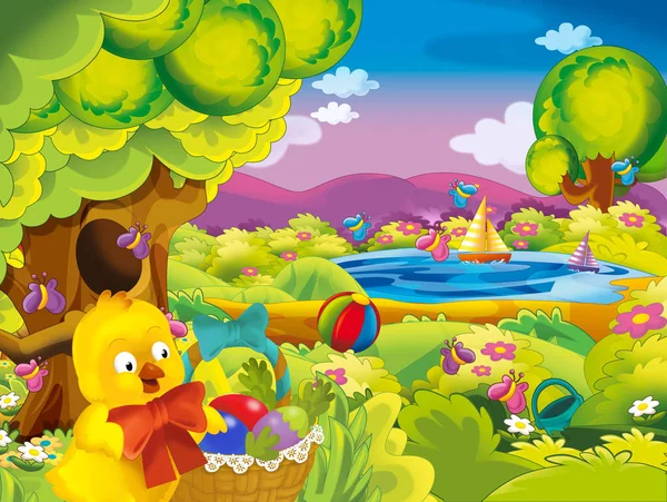 cartoon spring nature background with chick and space for text - illustration for children