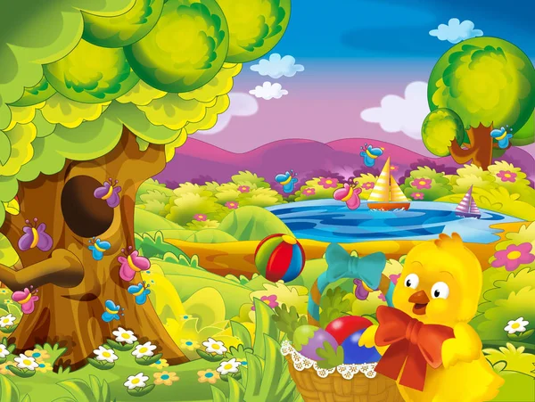 Cartoon Spring Nature Background Chick Space Text Illustration Children — Stock Photo, Image