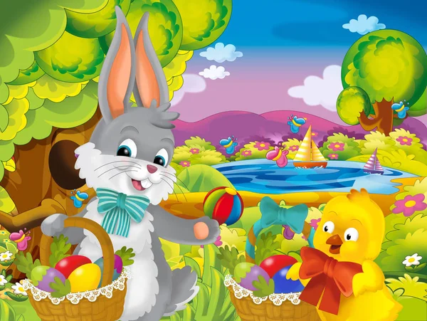 Cartoon Happy Easter Rabbit Chick Beautiful Flowers Nature Spring Background — Stock Photo, Image