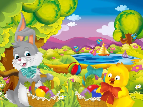Cartoon Happy Easter Rabbit Chick Beautiful Easter Eggs Basket Nature — Stock Photo, Image