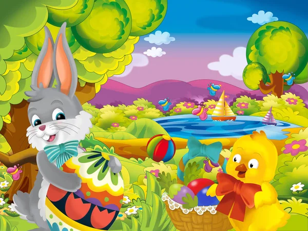 动画片愉快的复活节兔子和小鸡与美丽的复活节蛋篮子在自然春天背景 例证为孩子 — 图库照片