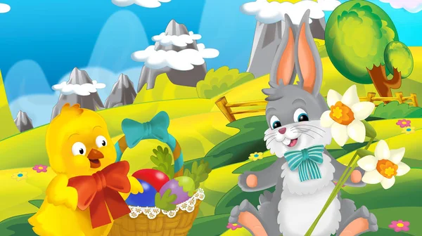 动画片愉快复活节兔子和小鸡与美丽的花在自然春天背景 例证为孩子 — 图库照片