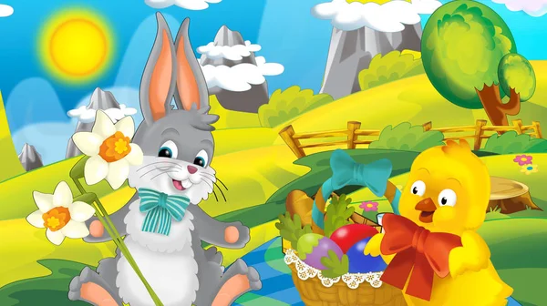 Cartoon Glücklich Osterhasen Und Küken Mit Schönen Blumen Auf Natur — Stockfoto