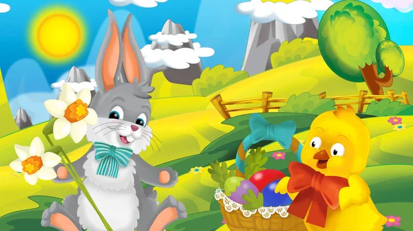 cartoon happy easter rabbit and chick with beautiful flowers on nature spring background - illustration for children