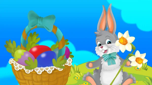 cartoon happy easter rabbit with basket full of eggs with beautiful flowers on nature spring background - illustration for children