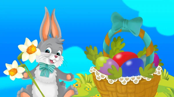 动画片愉快的复活节兔子与篮子装满鸡蛋与美丽的花在自然春天背景 例证为孩子 — 图库照片