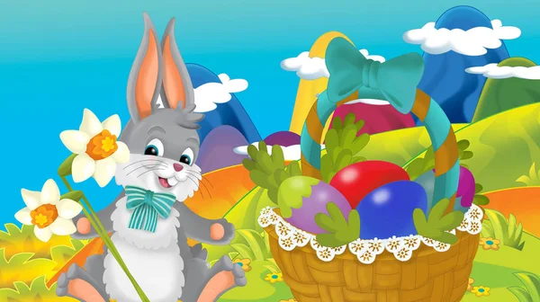 cartoon happy easter rabbit with basket full of eggs with beautiful flowers on nature spring background - illustration for children
