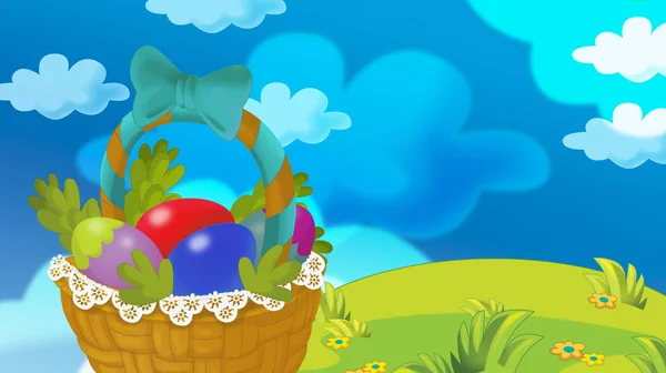 Cartoon Happy Easter Basket Full Eggs Beautiful Flowers Nature Spring — Stock Photo, Image