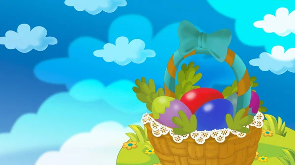 Cartoon Happy Easter Basket Full Eggs Beautiful Flowers Nature Spring — Stock Photo, Image