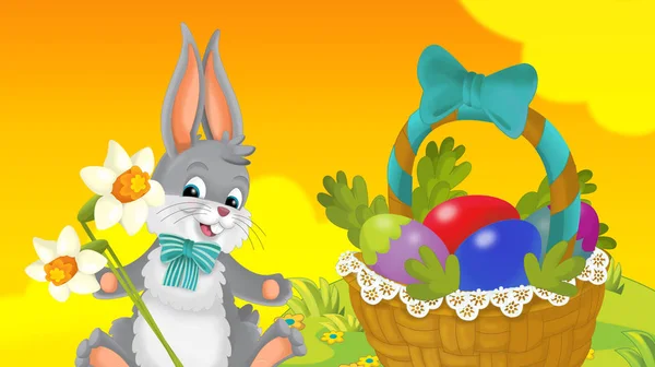 Dibujos Animados Feliz Conejo Pascua Con Cesta Llena Huevos Con —  Fotos de Stock