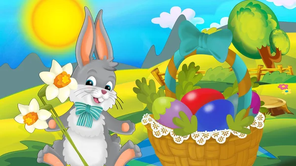 Cartoon Happy Easter Rabbit Basket Full Eggs Beautiful Flowers Nature — Stock Photo, Image