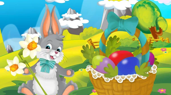 Cartoon Happy Easter Kanin Med Korg Full Ägg Med Vackra — Stockfoto