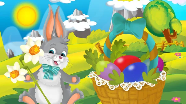 动画片愉快的复活节兔子与篮子装满鸡蛋与美丽的花在自然春天背景 例证为孩子 — 图库照片