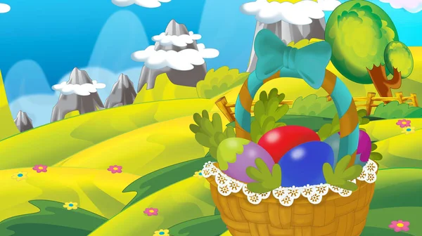cartoon happy easter basket full of eggs with beautiful flowers on nature spring background - illustration for children
