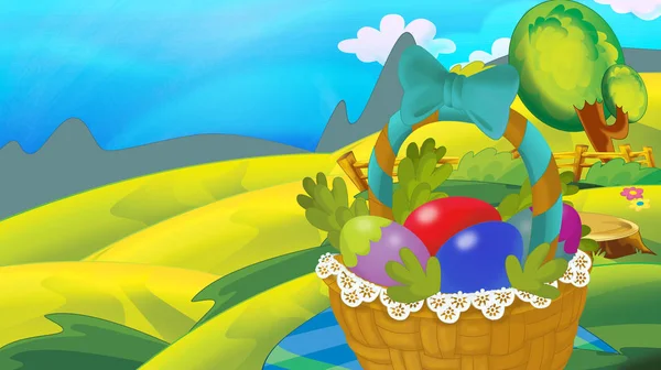 Cartoon Szczęśliwy Wielkanocny Koszyk Pełen Jaj Piękne Kwiaty Tle Wiosna — Zdjęcie stockowe