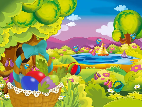 Cartoon Happy Easter Basket Full Eggs Beautiful Flowers Nature Spring — Stock Photo, Image