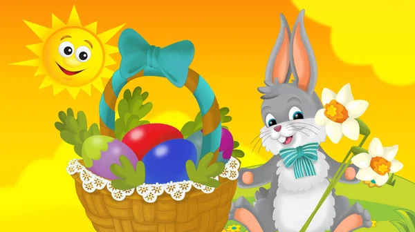 Cartoon Happy Easter Rabbit Basket Full Eggs Beautiful Flowers Nature — Stock Photo, Image