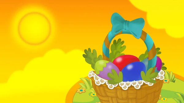 Cartoon Happy Easter Basket Full Eggs Beautiful Flowers Nature Spring — Stock Photo, Image