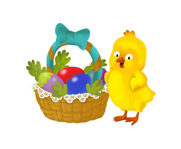 卡通快乐鸡与复活节篮子充满了鸡蛋在白色背景 例证为孩子 — 图库照片