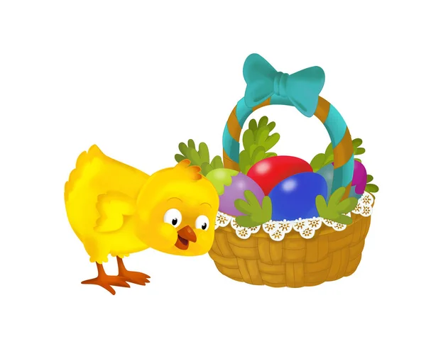 Cartoon Happy Chicken Easter Basket Full Eggs White Background Illustration — Stock Photo, Image