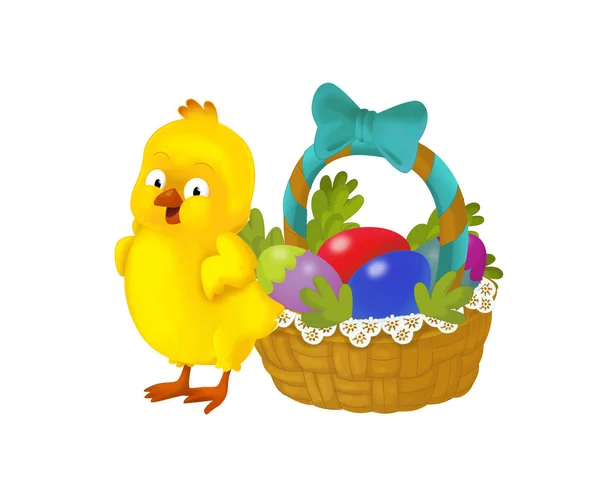 cartoon happy chicken with easter basket full of eggs on white background - illustration for the children