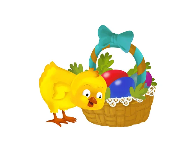 Cartoon Happy Chicken Easter Basket Full Eggs White Background Illustration — Stock Photo, Image