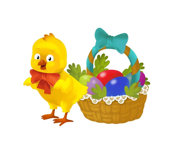 Cartoon Happy Chicken Easter Basket Full Eggs White Background Illustration — Stock Photo, Image