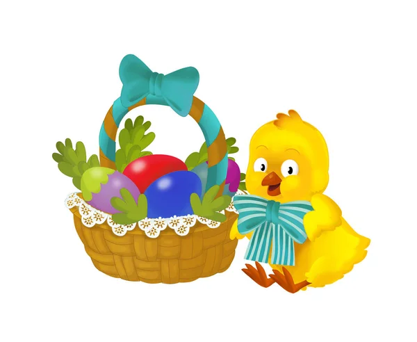 Cartoon Happy Chicken Easter Basket Full Eggs White Background Illustration — Stock Photo, Image