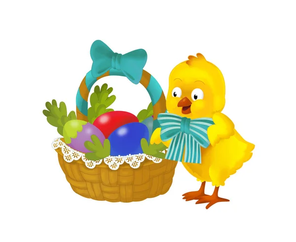 cartoon happy chicken with easter basket full of eggs on white background - illustration for the children
