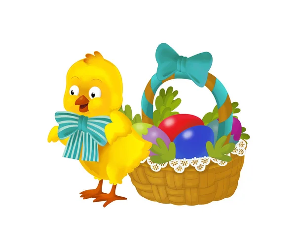 Cartoon Happy Chicken Easter Basket Full Eggs White Background Illustration — Stock Photo, Image