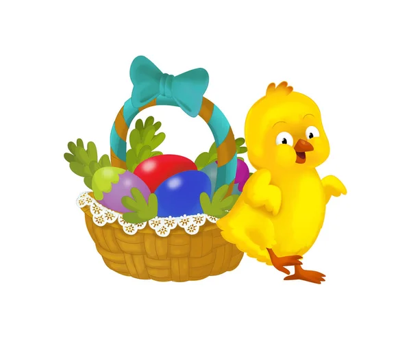 Cartoon Happy Chicken Easter Basket Full Eggs White Background Illustration — Stock Photo, Image