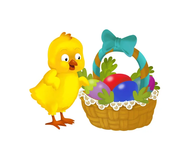 Cartoon Happy Chicken Easter Basket Full Eggs White Background Illustration — Stock Photo, Image