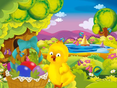 çizgi film bahar doğa arka plan ile sepet yumurta - dolu illüstrasyon çocuklar için park ve Paskalya tavuk